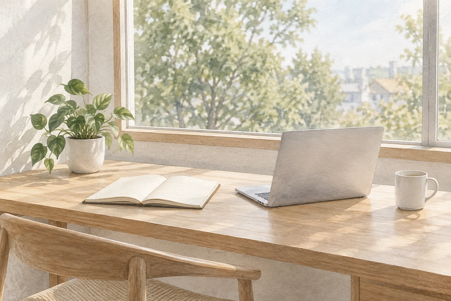 明るい窓辺の机に置かれたノート、本、ノートPCと白いマグカップの水彩画