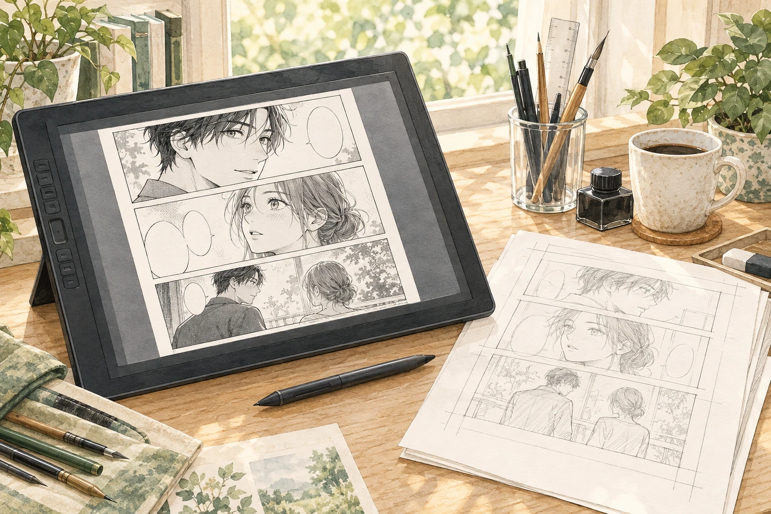 液晶ペンタブレットと漫画の下描きを広げた制作机の水彩画