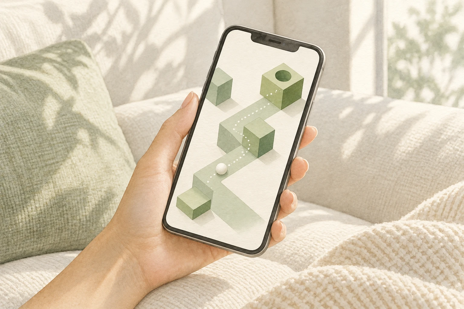 スマートフォンでゲームを楽しむ手元の水彩画